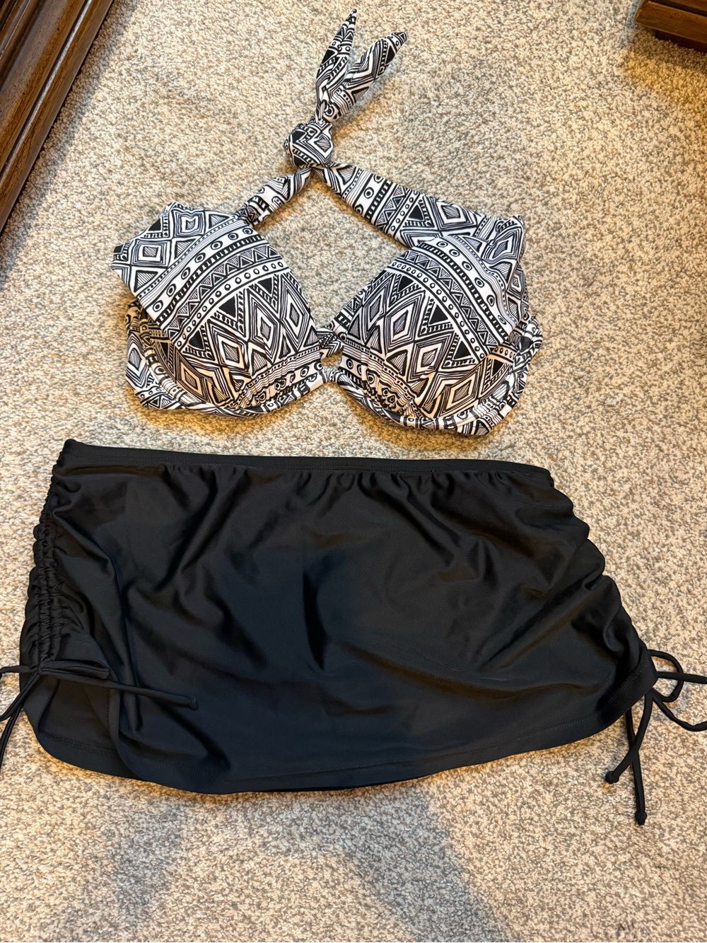 Hapari Black & White Geometric Halter Bikini with Black Skirted Bottom